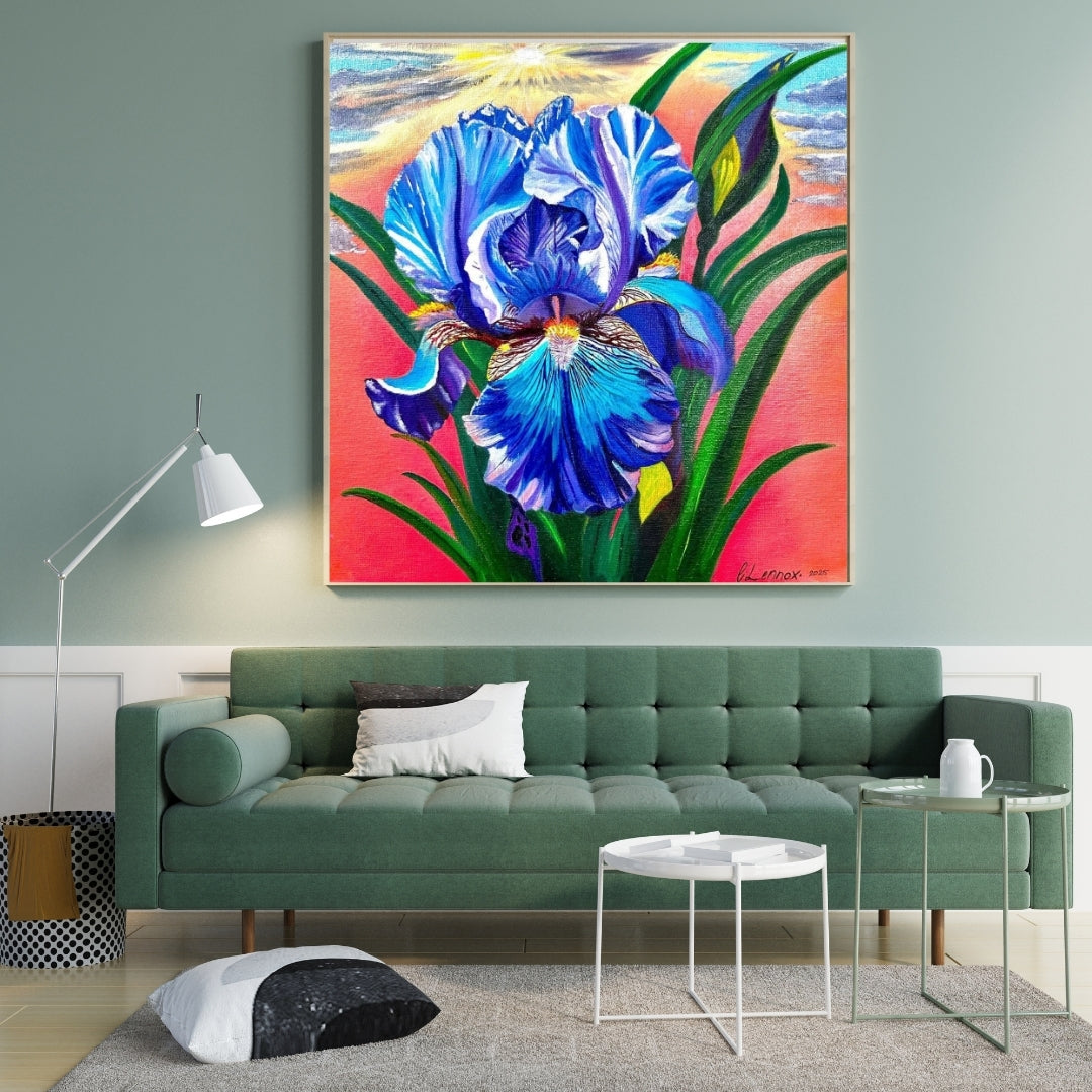 Sunset Iris floral cotton rag fine art print with deep blue and purple tones