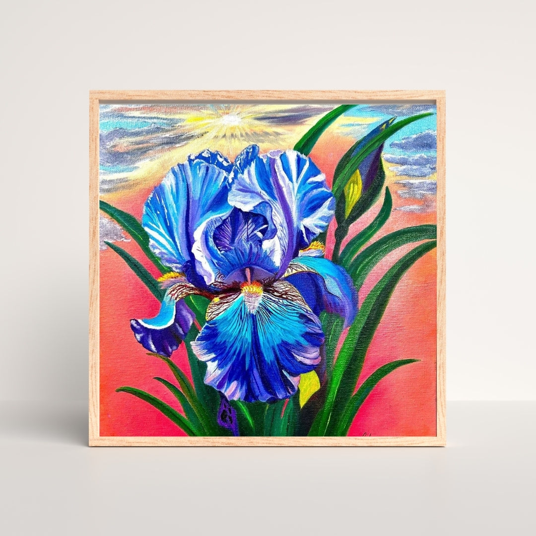 Sunset Iris floral wall art styled in a modern interior